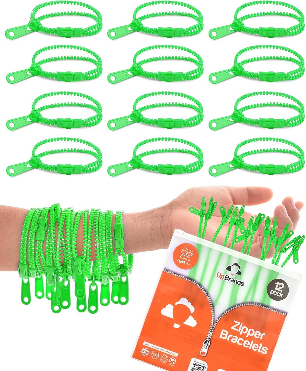 12-Pack Green 7-Inch Zipper Bracelets – Themed Fidget Party Favors for Earth Day, Bulk Sensory Toys for Kids, and Lucky Accessories for St. Patrick’s Day